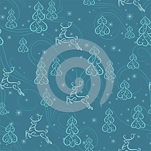 Christmas and New Year background with Christmas trees and reindeer. Seamless blue pattern
